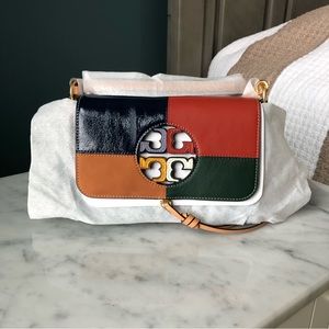 Tory Burch Miller Color-block Mini Shoulder Bag In Natural Vachetta / Royal Navy
